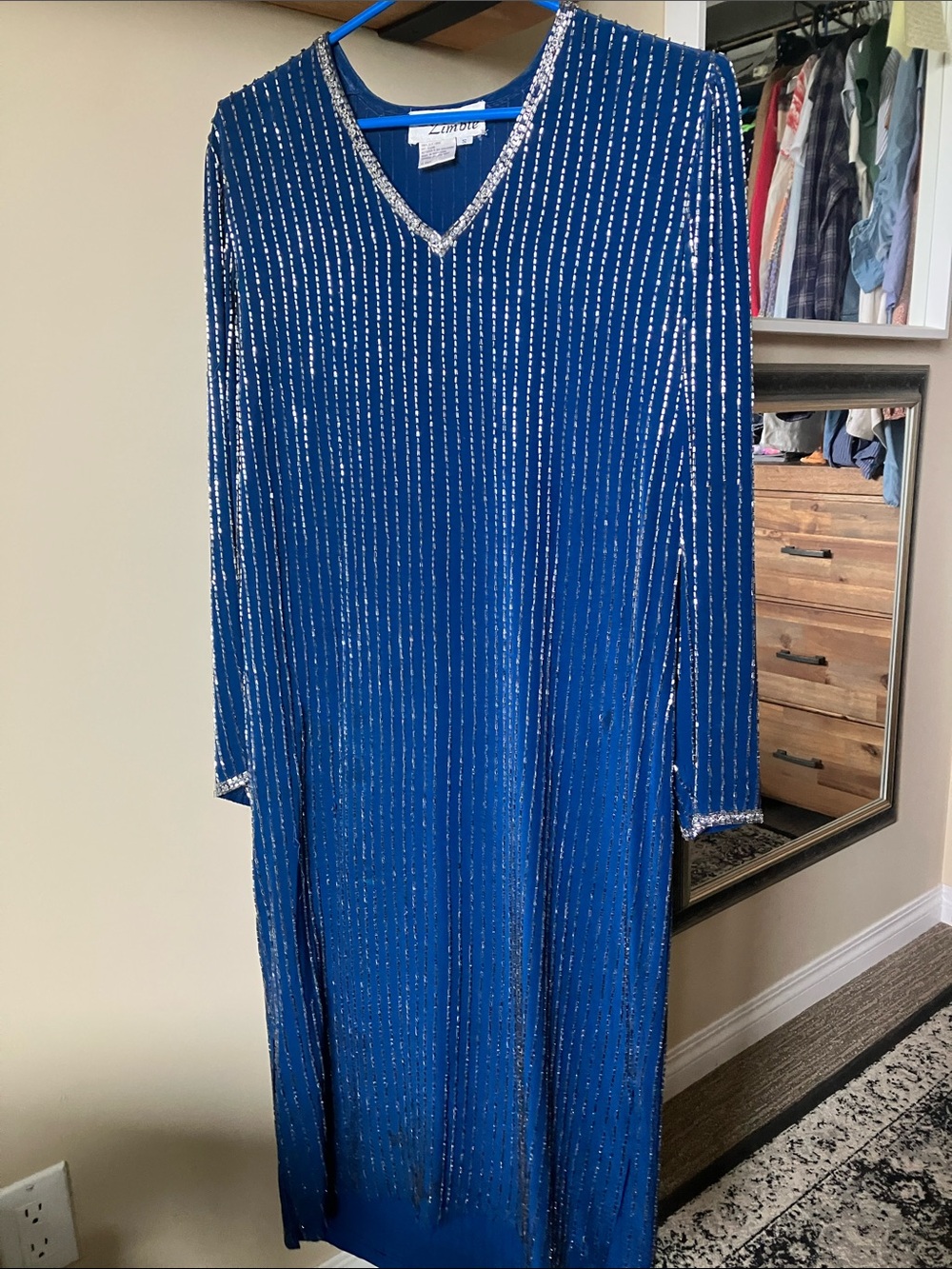 Blue Long Sleeve V-Neck Dress with Silver Trim